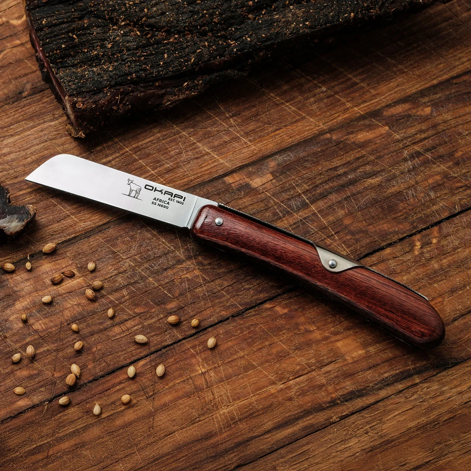 Okapi Biltong Folding Knife 3″ Bohler N690 Steel Sheepsfoot Blade Wood Handle