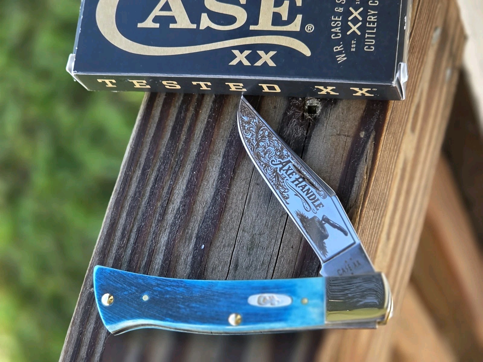 Case XX Axe Handle Knife 2026 Caribean Blue Bone Sawcut Custom Engraved Scroll