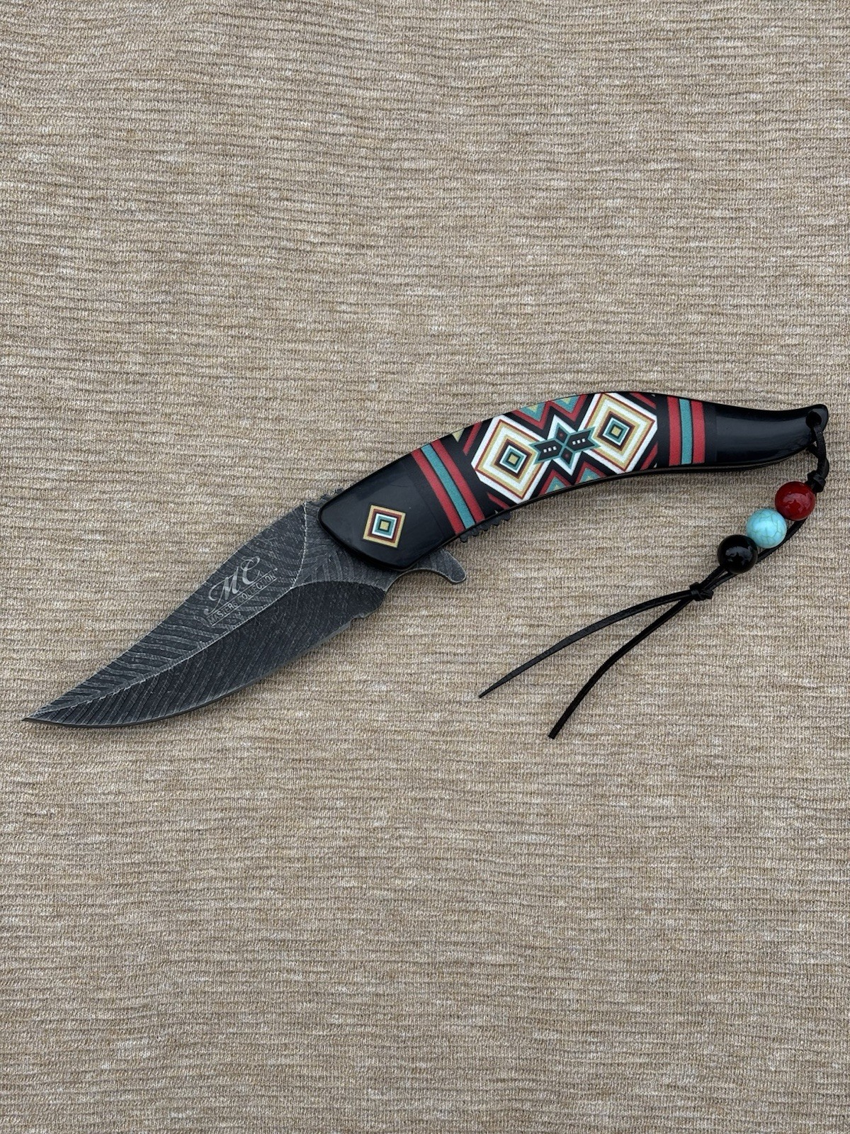 Western Style Pocket Knife Spring Assist Feather Navajo Black Lanyard