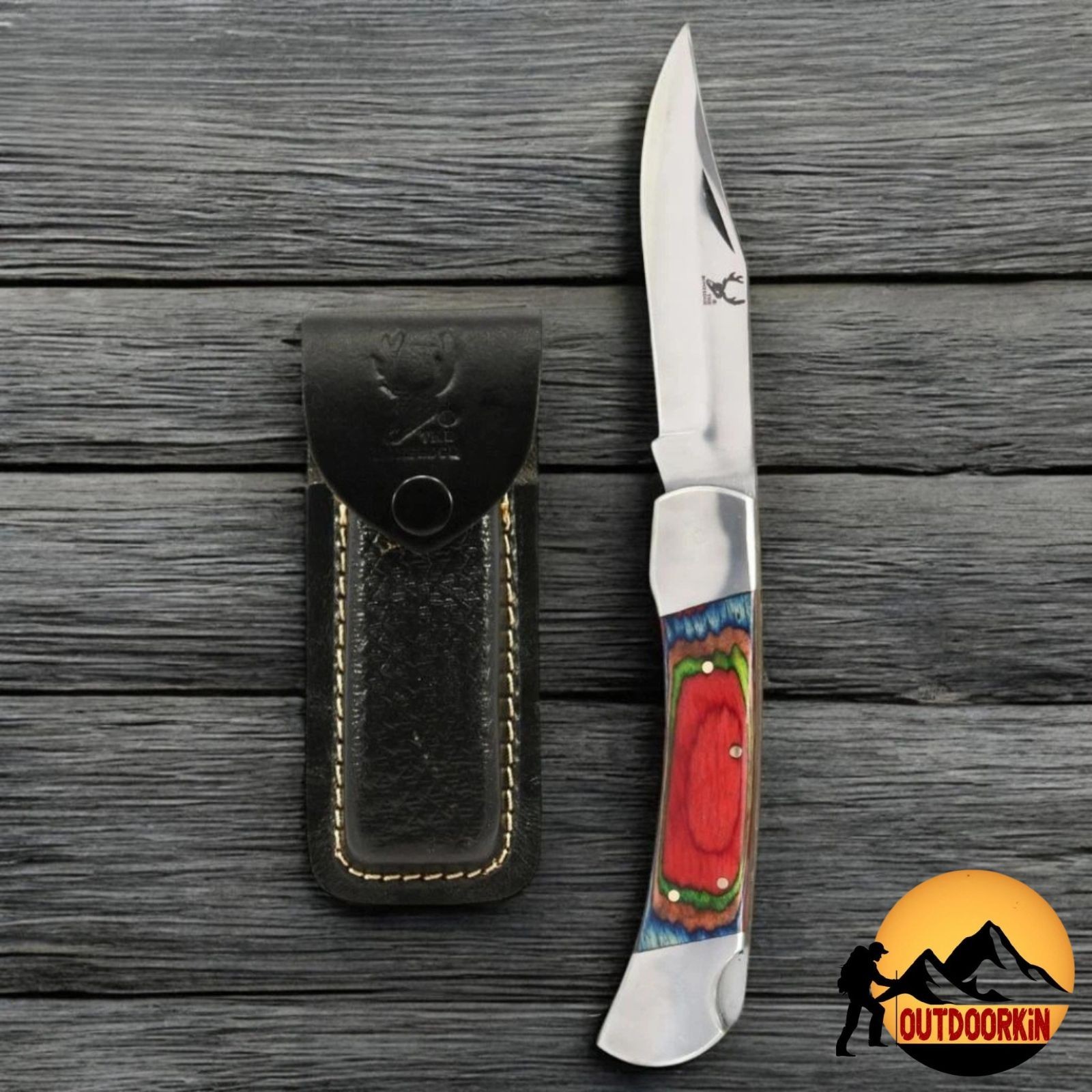 9″ LOCK BACK Manual Open Folding POCKET Knife Multicolor WOOD HANDLE w/ Sheath
