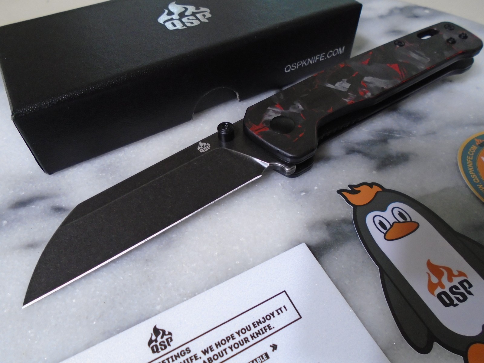 QSP Penguin V2 Pocket Knife Folder D2 Fat Carbon Fiber G10 QS130V2-F2 Sheepsfoot