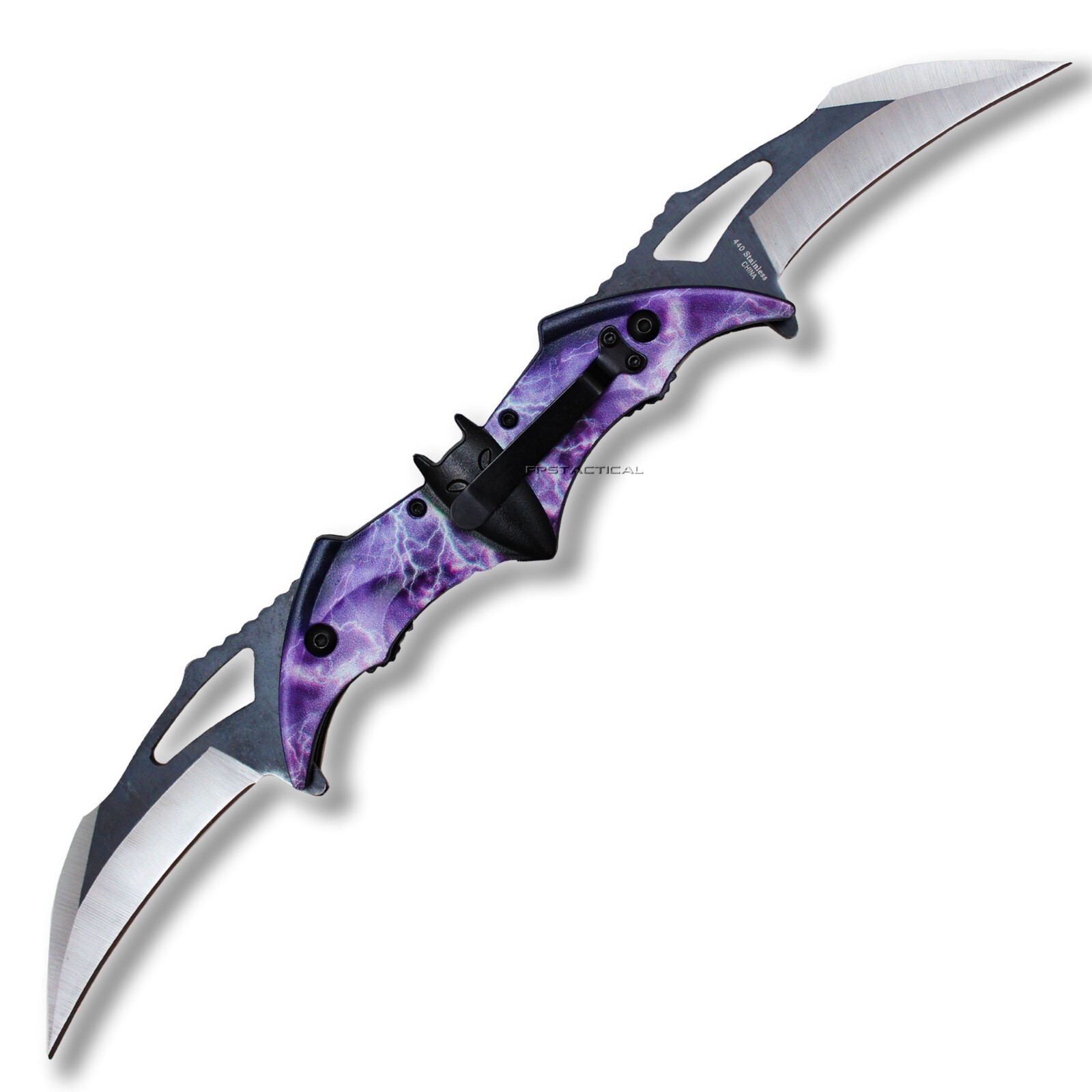 Dual Blade Fantasy Bat Wing Spring Assisted Folding Knife Black Purple Rain