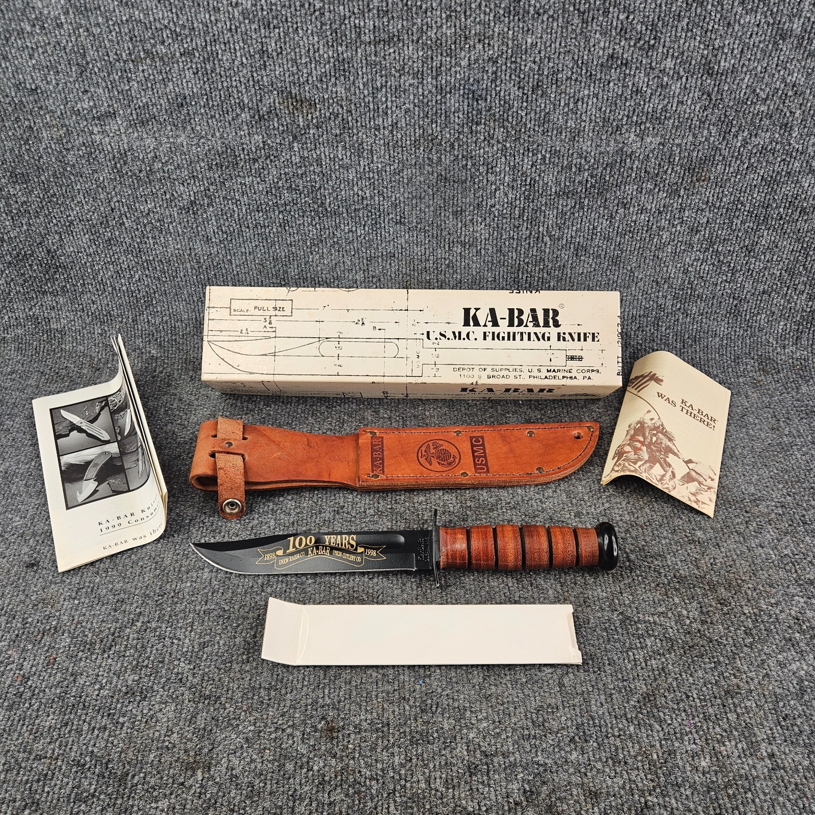 Ka-Bar «100 Years (1898-1998)» Commemorative Fixed Blade Knife w/ Leather Sheath
