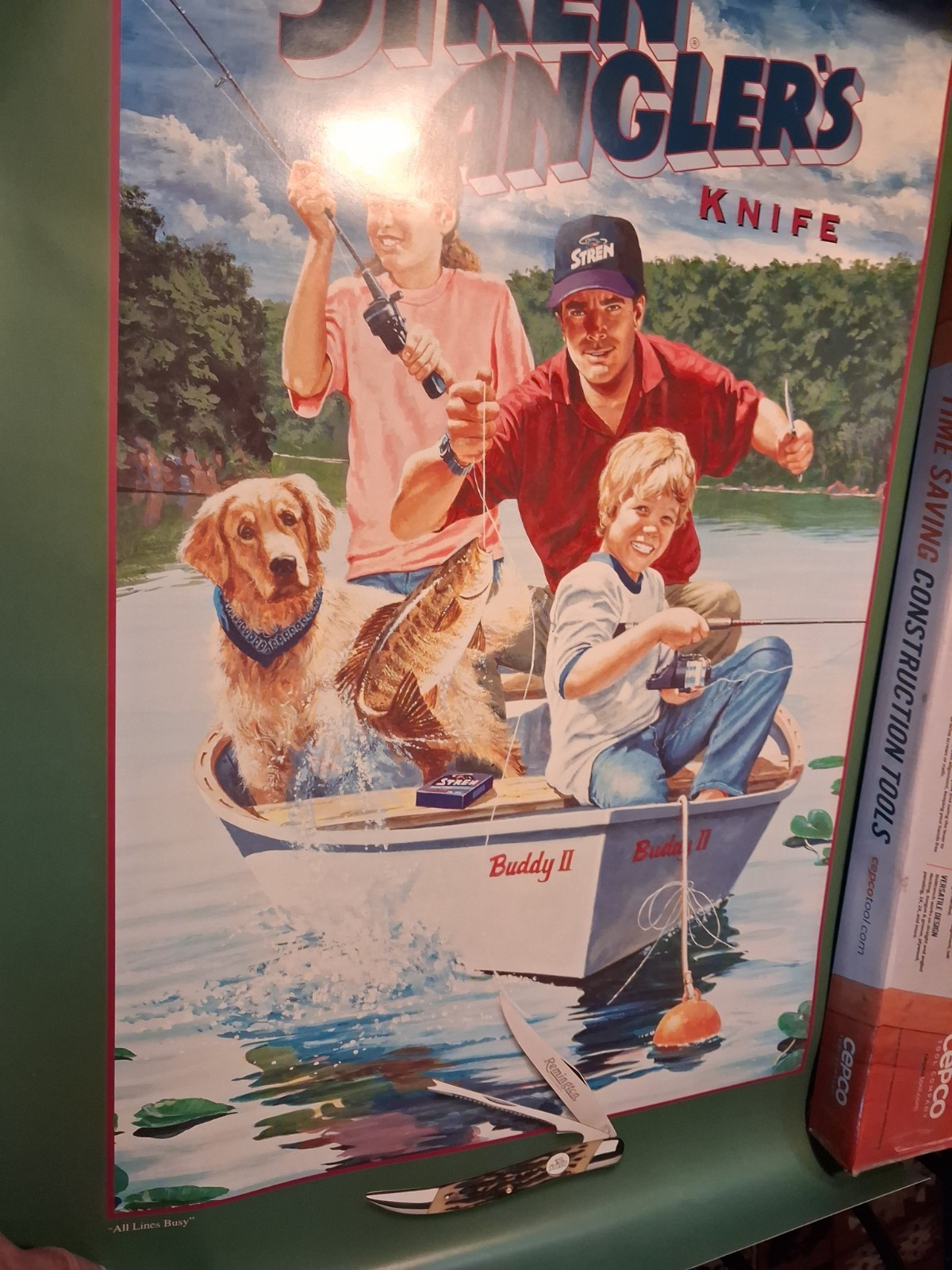 REMINGTON UMC 1995 USA STREN LINER LOCK ANGLERS KNIFE NIB & POSTER