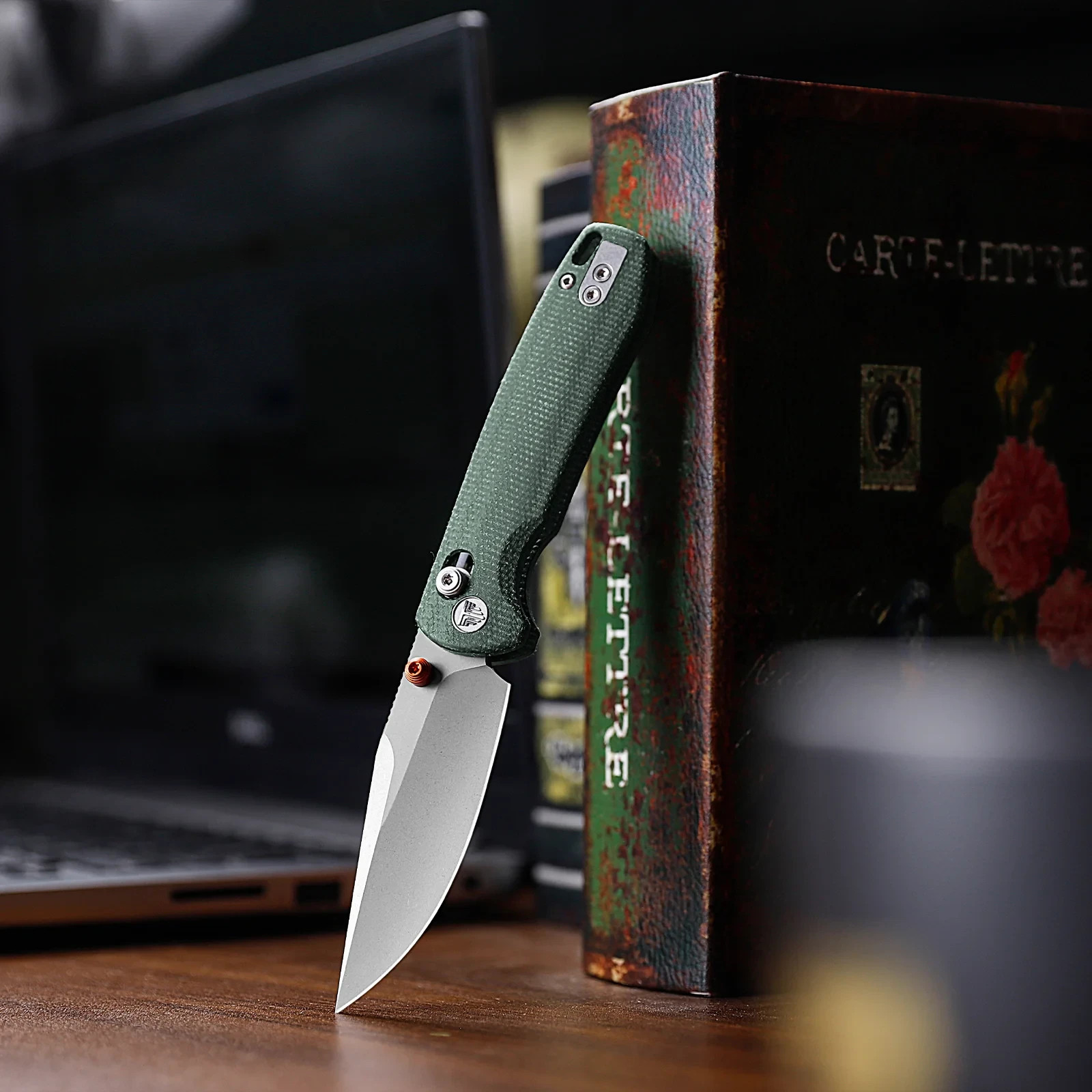 TRIVISA Folding Knife 3″ 14C28N Sandvik Steel Blade Green Canvas Micarta Handle