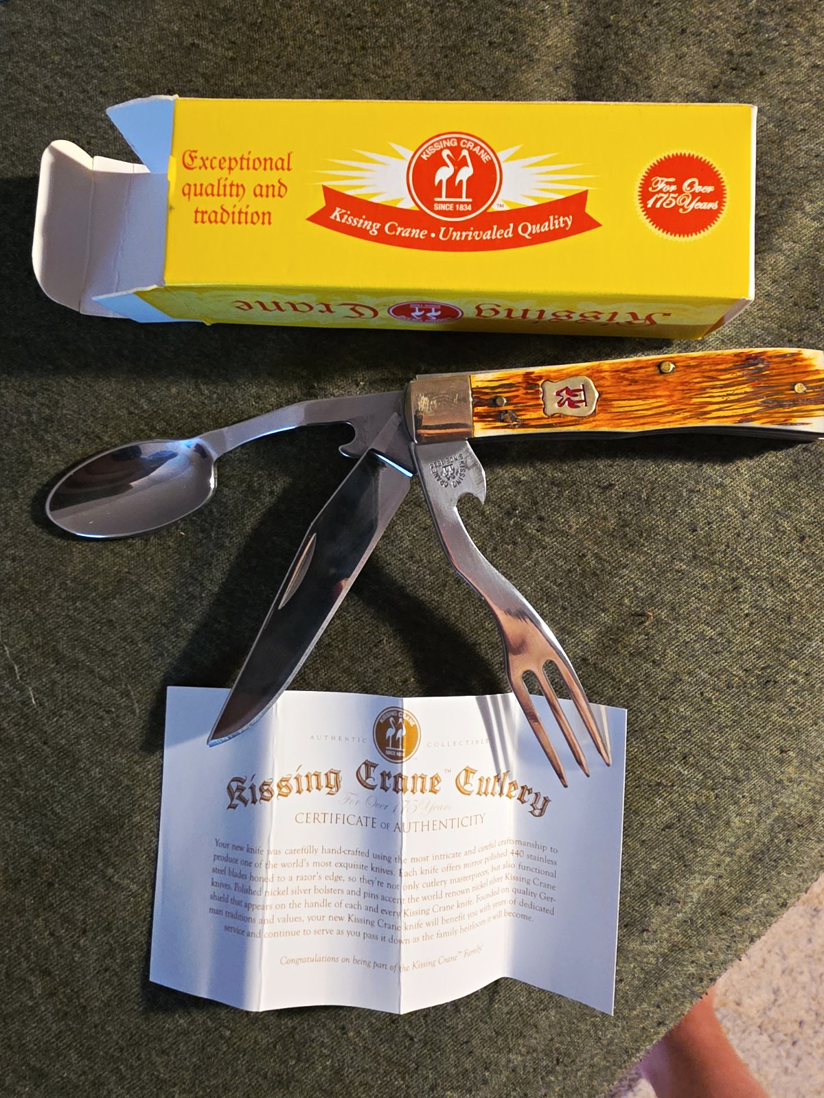 Kissing Crane Collector’s Edition Bone Pocketknife w/ Spoon Fork Opener