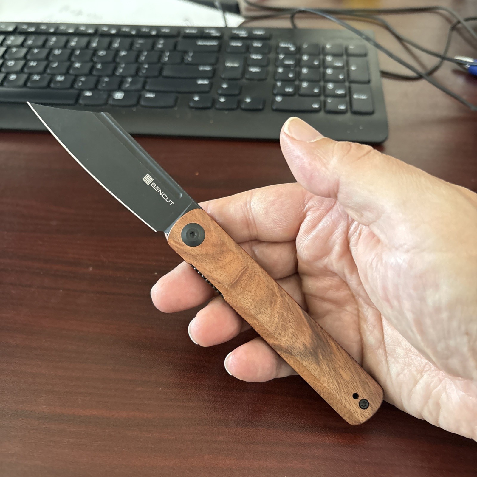 Sencut Bronte Linerlock Folding Knife 3.38 Black Stonewash Blade Cuibourtia Wood