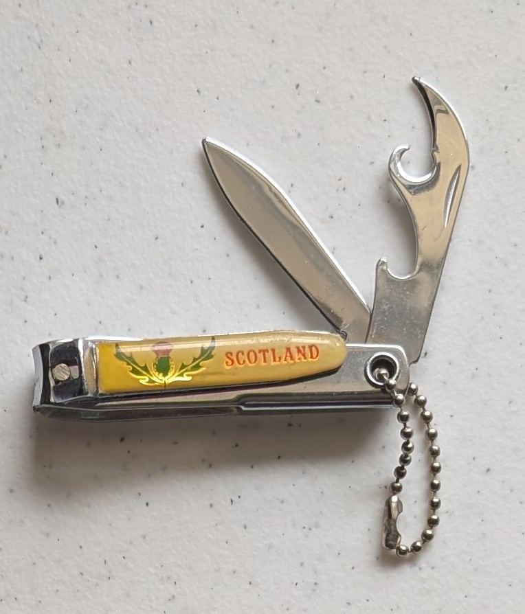 Vintage Keychain Pocket Knife/Nail Clipper/Bottle Opener Scotland Yellow