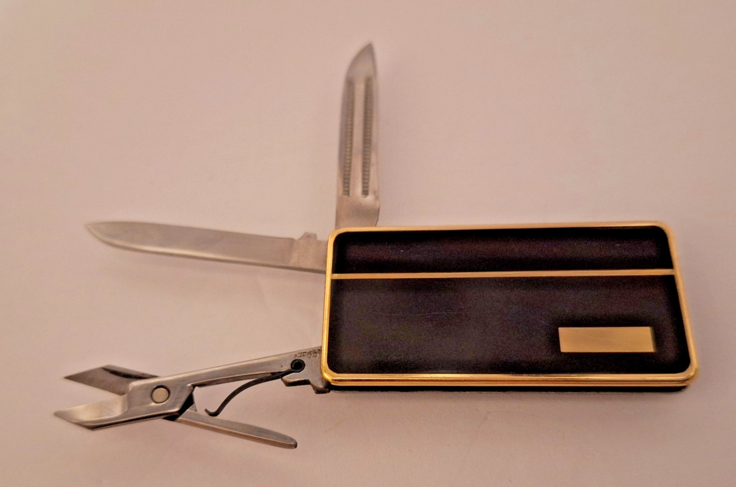 VINTAGE MONEY CLIP -W/TOOLS-SCISSORS-KNIFE-NAIL FILE-JAPAN STAINLESS-BLACK/BROWN