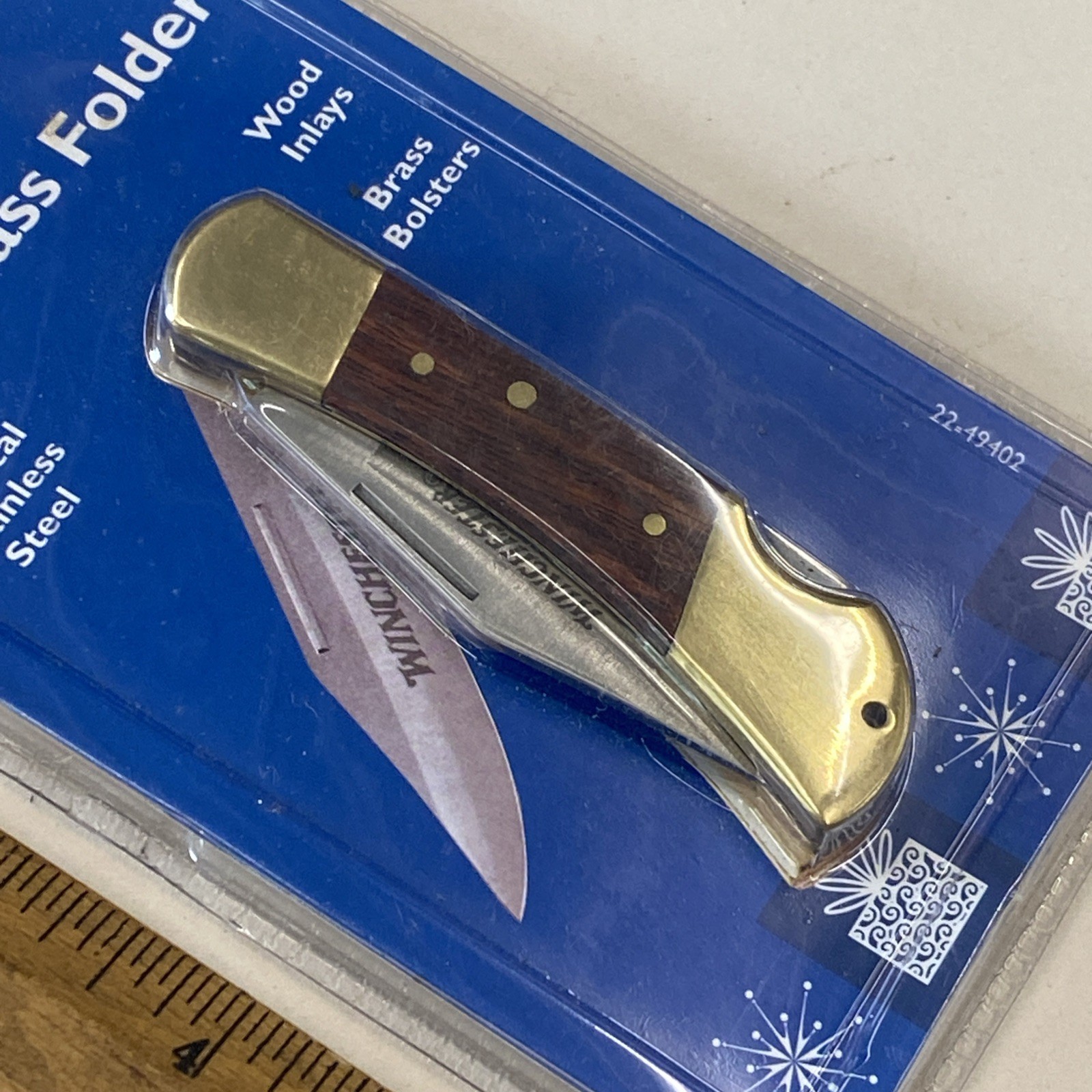 WINCHESTER Brass Bolsters / Wood Folding Knife Pocket Knife NEW IN Plastic M0903