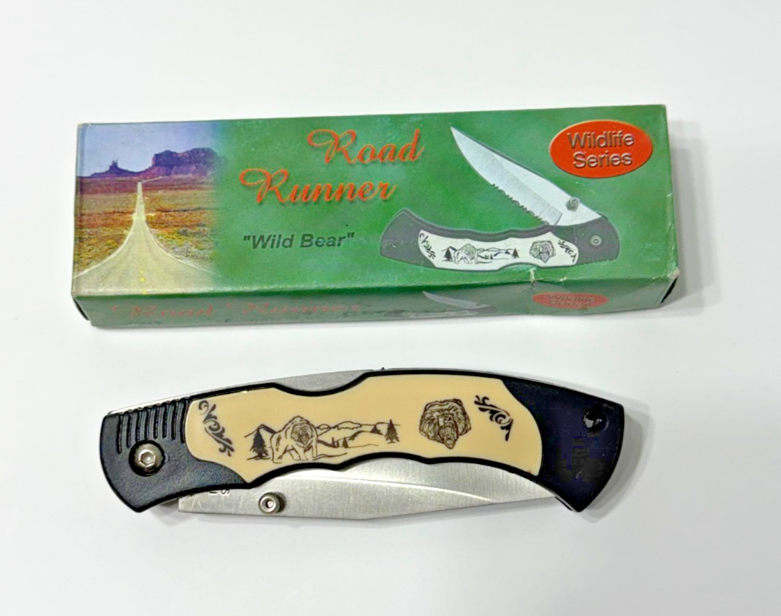 Road Runner «Wild Bear» Pocket Knife Thumb Screw Opener Faux Ivory Inlay Handle