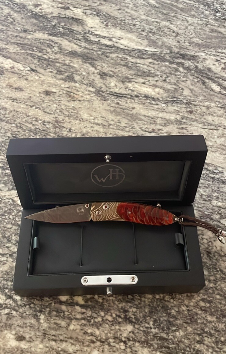William Henry Monarch Ponderosa Damascus Steel Mokume Gane Red Topaz Gems