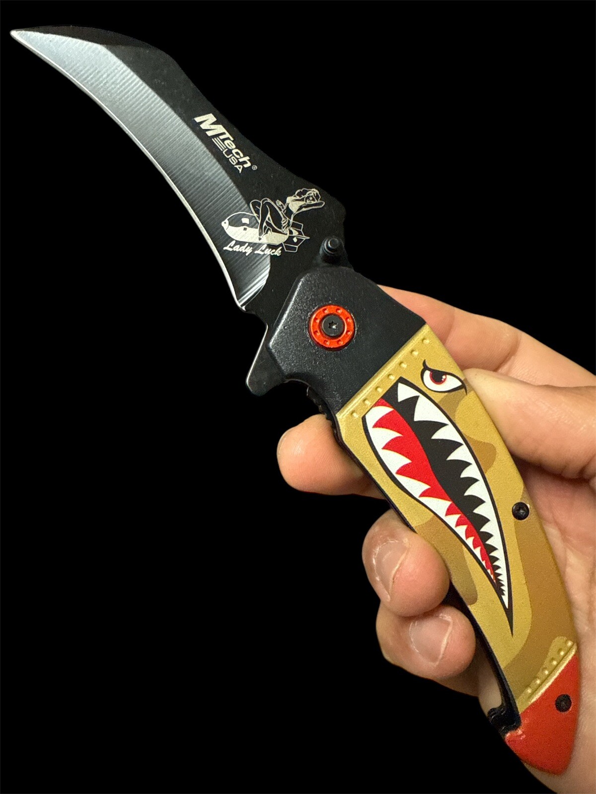8.25″ MTech Tan Shark Mouth Bomber Assist Pocket Knife, Black Hawkbill Blade 0TN
