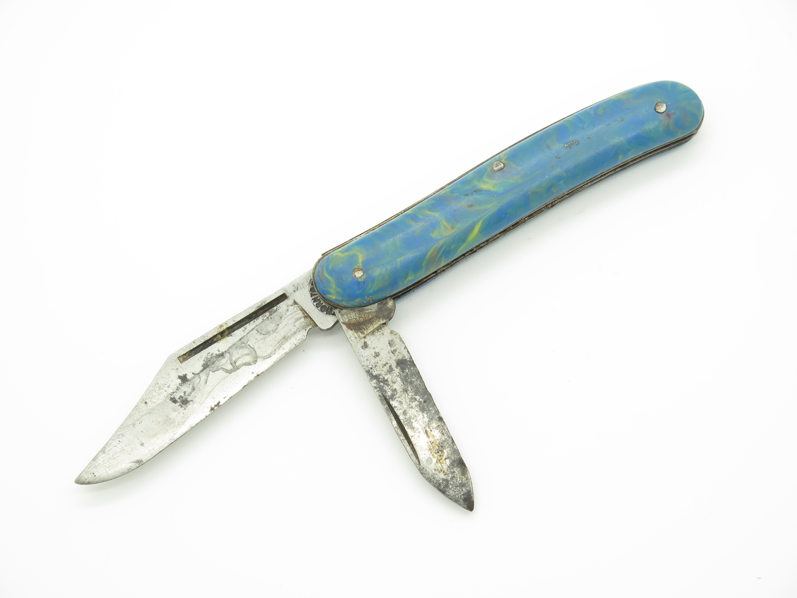 Vintage Thornton USA 3.62″ Blue Swirl Handle Folding 2 Blade Pocket Knife