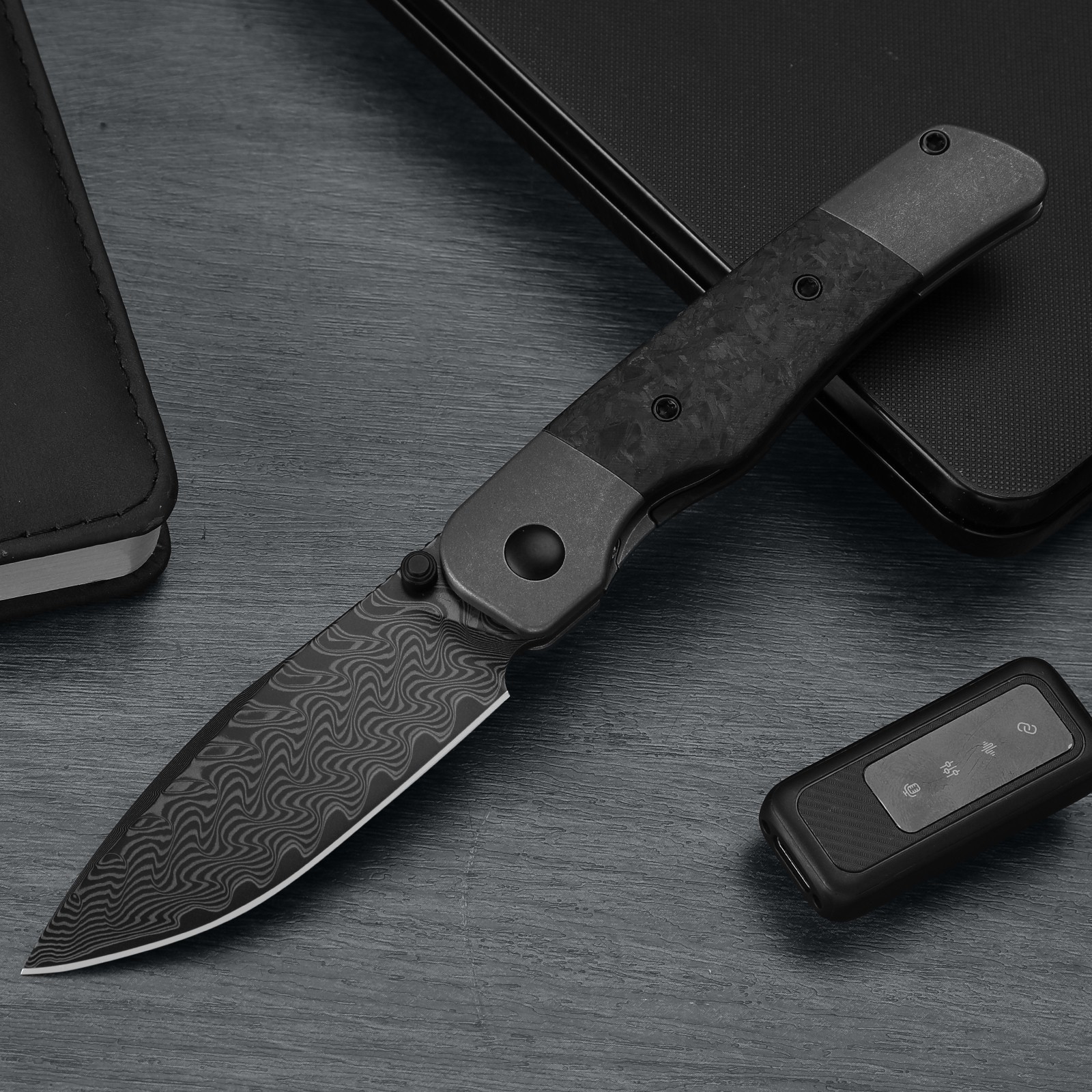 Kizer Coywolf Folding Pocket Knife Damascus Blade Titanium & Carbon Fiber Handle
