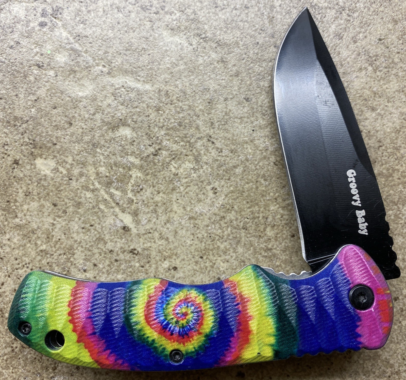 Rite Edge TIE-DYE Hippie Spring Assisted Folding Knife Groovy Baby Peace Love