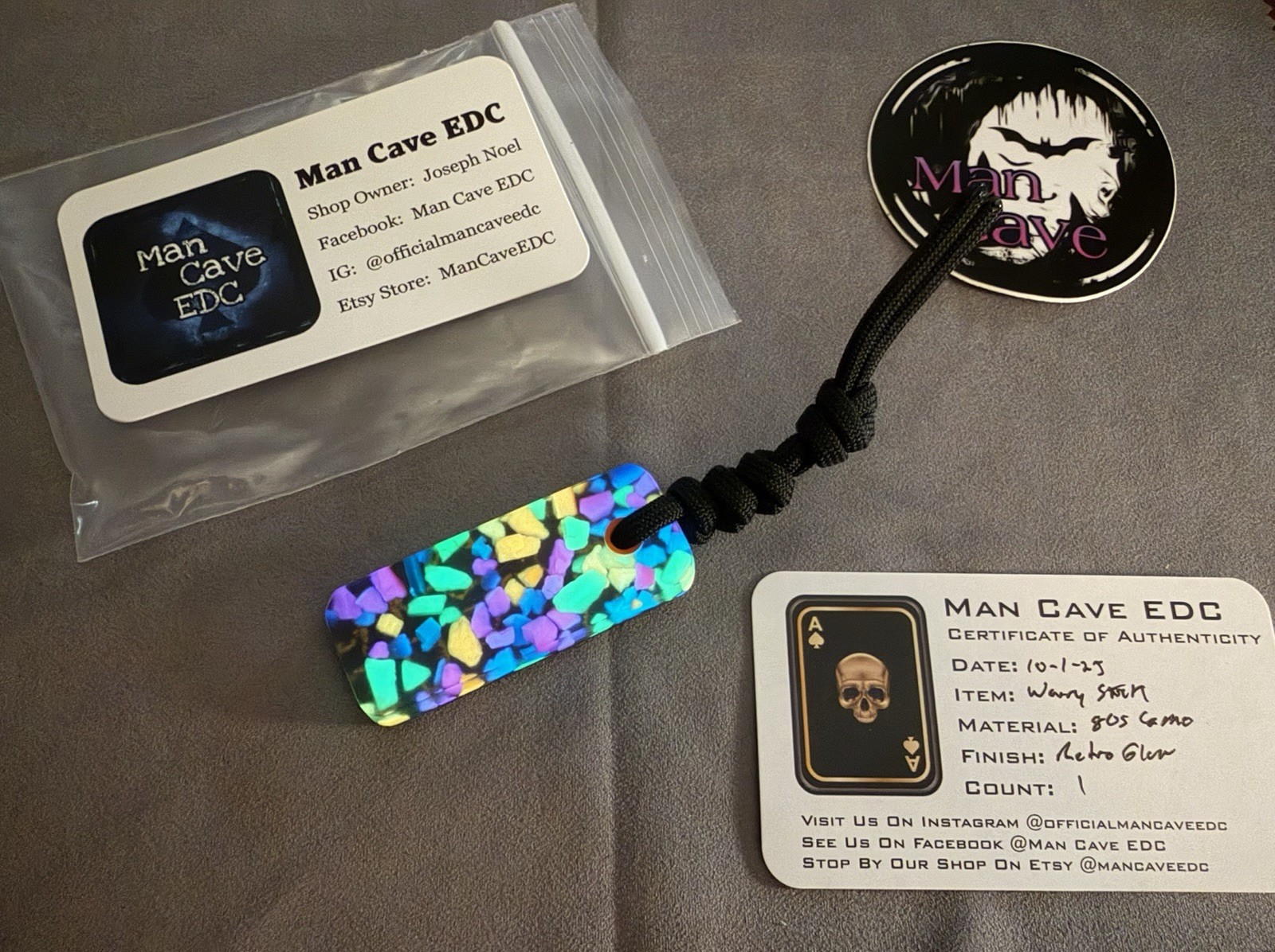 Man Cave EDC Worry Stone 80s Camo Carbon Retro Glow Finish
