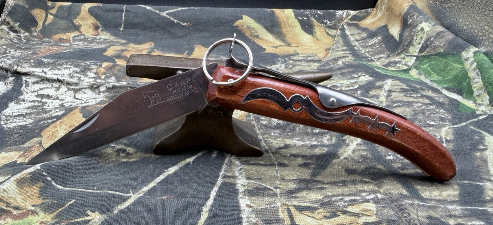 Vintage Okapi Fancy Folding Knife Ring Lock Wooden Handle From South Africa Used