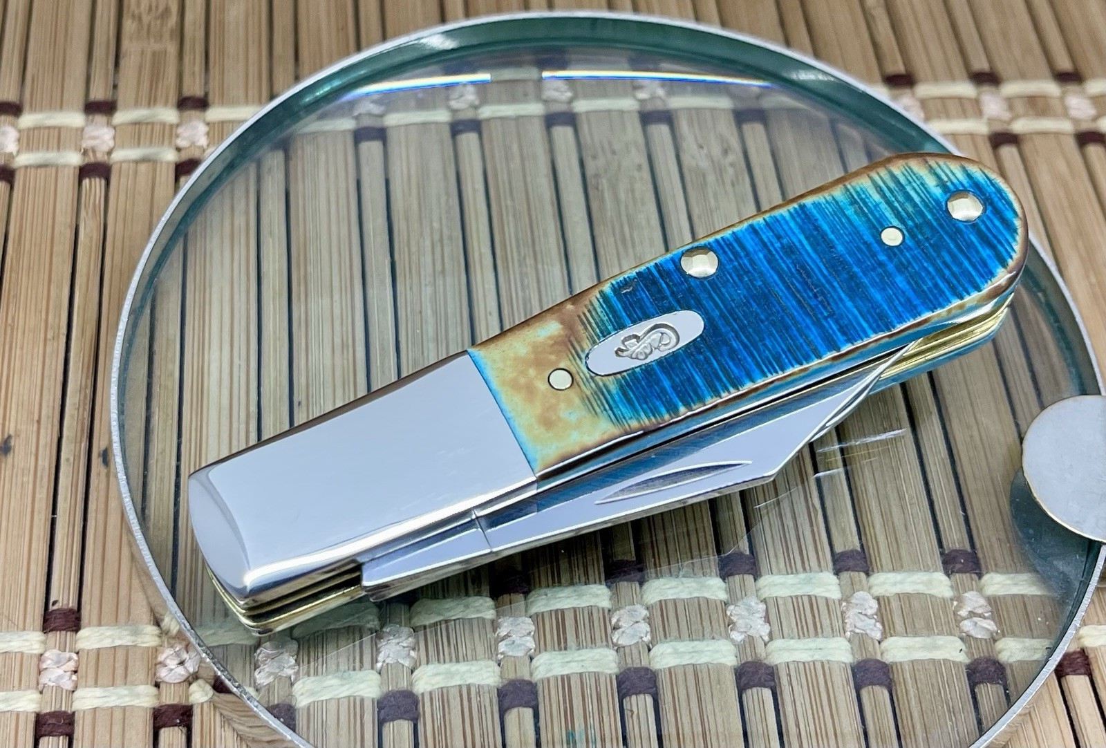 Case XX USA Hand Fired Sawcut Caribbean Blue Bone Stainless Barlow Pocket Knife