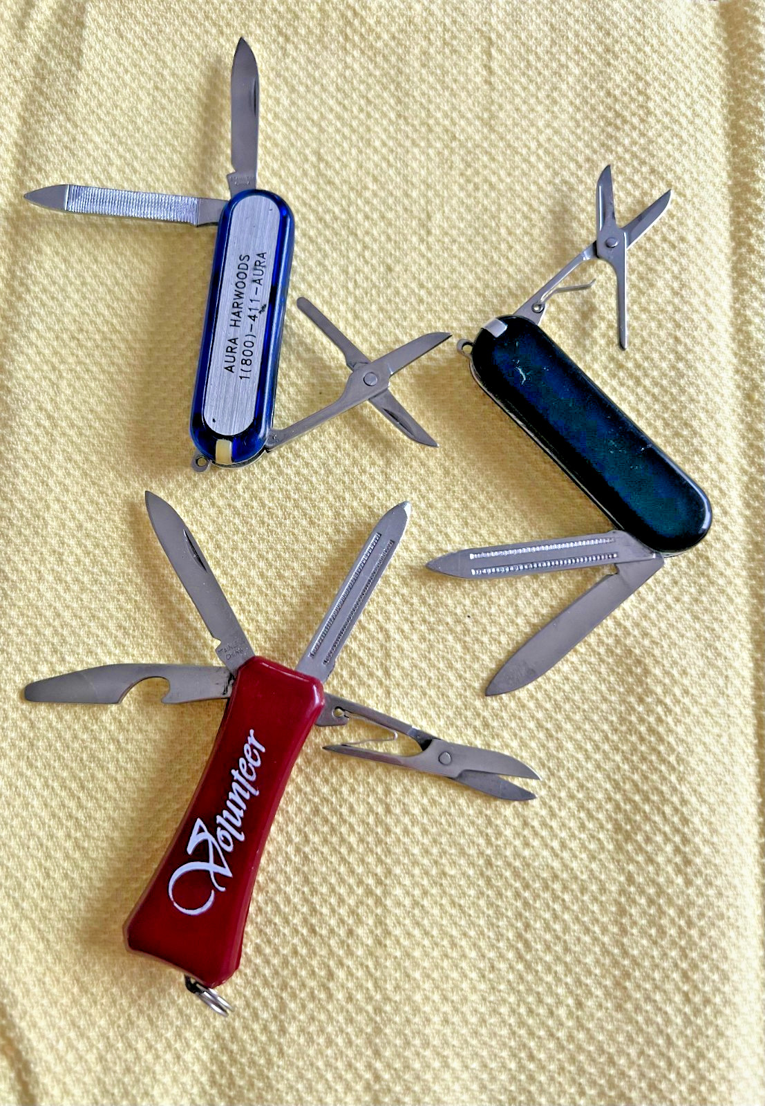 Lot Of 3 VTG Mini Pocket Knives, Stainless China Advertising, Victorinox Stile