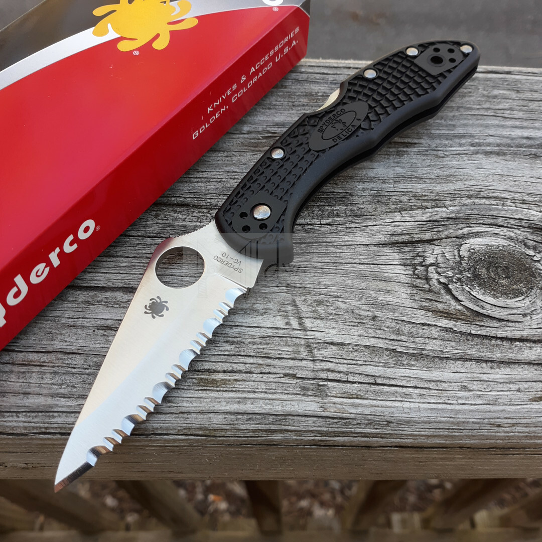 Spyderco Delica 4 Folding Pocket Knife 2.9″ Serrated VG10 Blade Black FRN Handle
