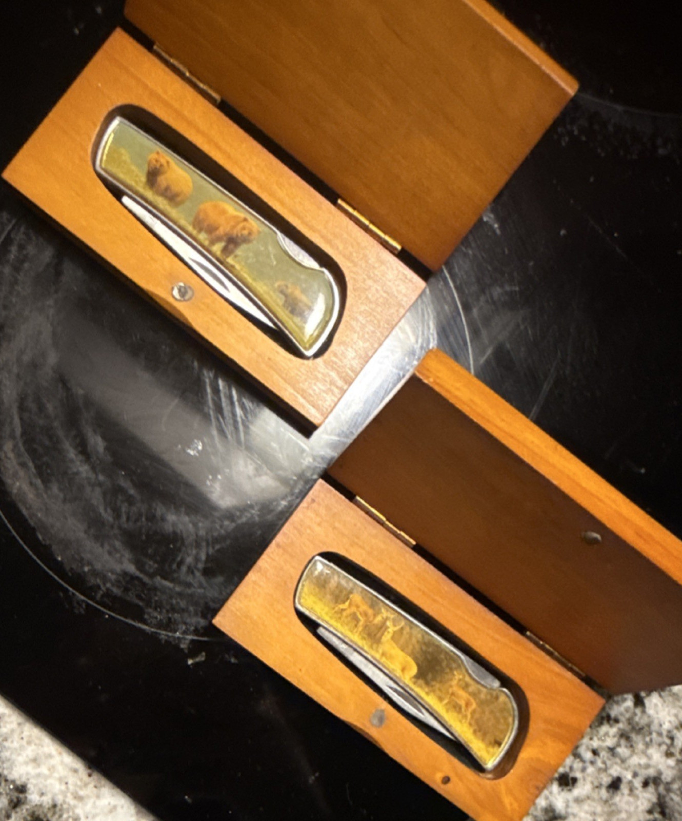 Vintage Multicolor Pocketknife Set with Animal Designs in Wooden Display Boxes