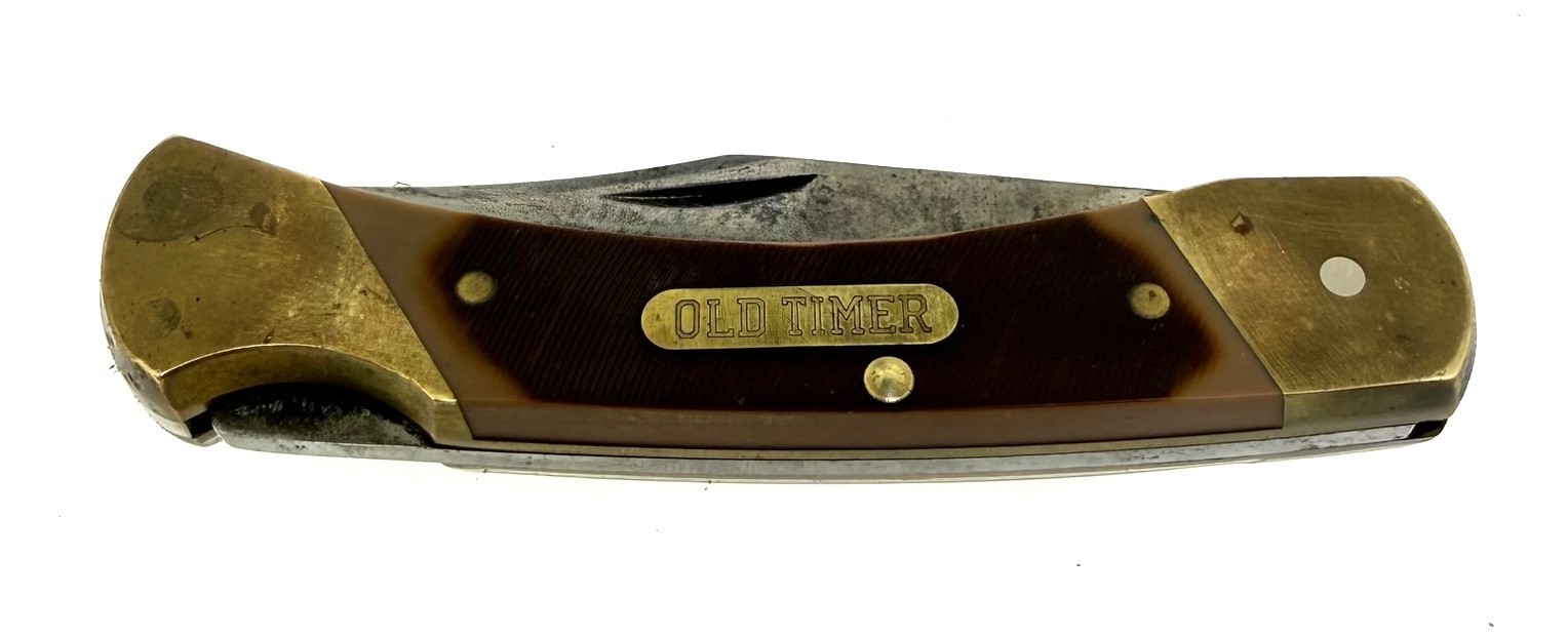 Schrade Old Timer 7OT USA Lockback Folding Knife Sawcut Delrin w Sheath