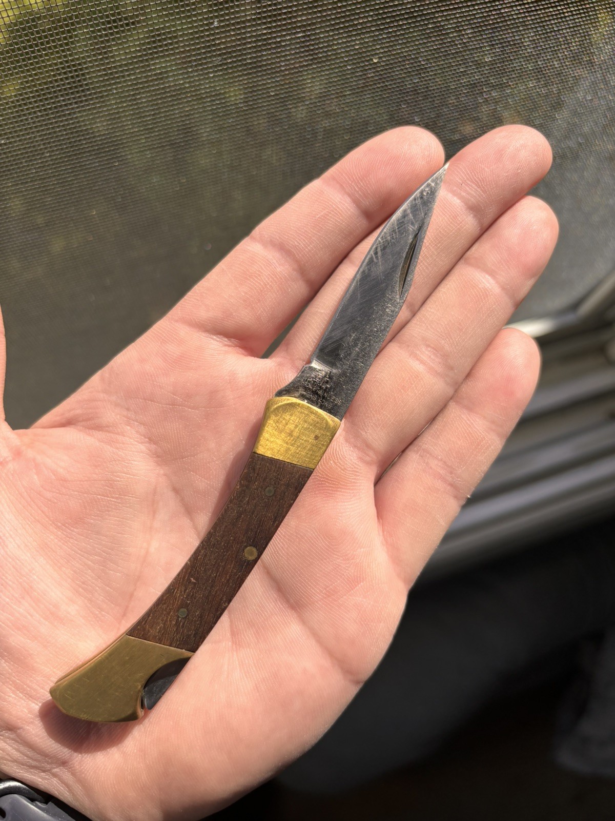 Vintage Folding Pocket Knife Wood Handle Brass Bolsters Clip Point Blade