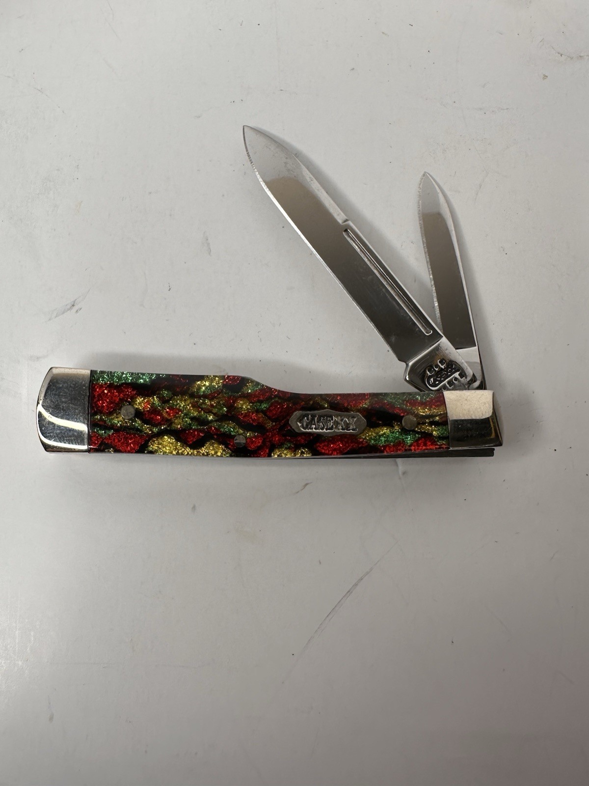Case XX 2010 8215 SS Gunstock Pocket Knife Red Green Gold Kirinite Christmas