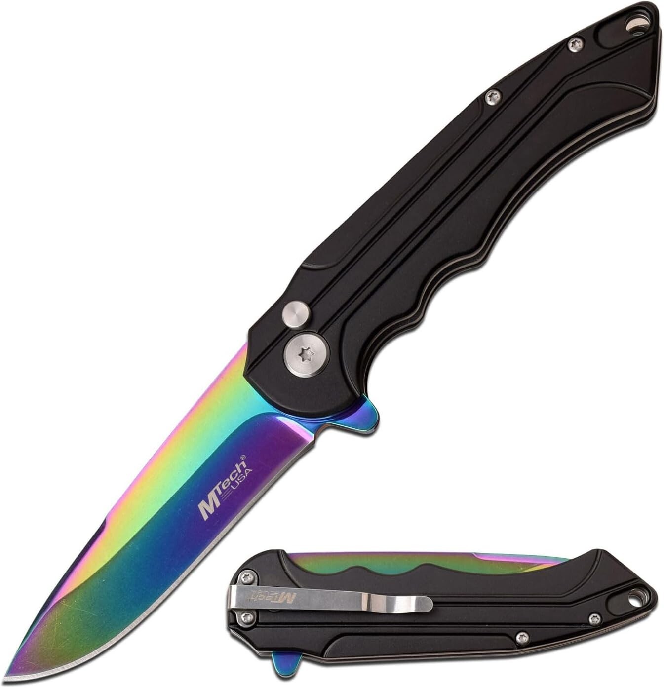 Mtech Folding Pocket Knife Multi Color Rainbow Blade Metal Handle Straight Edge