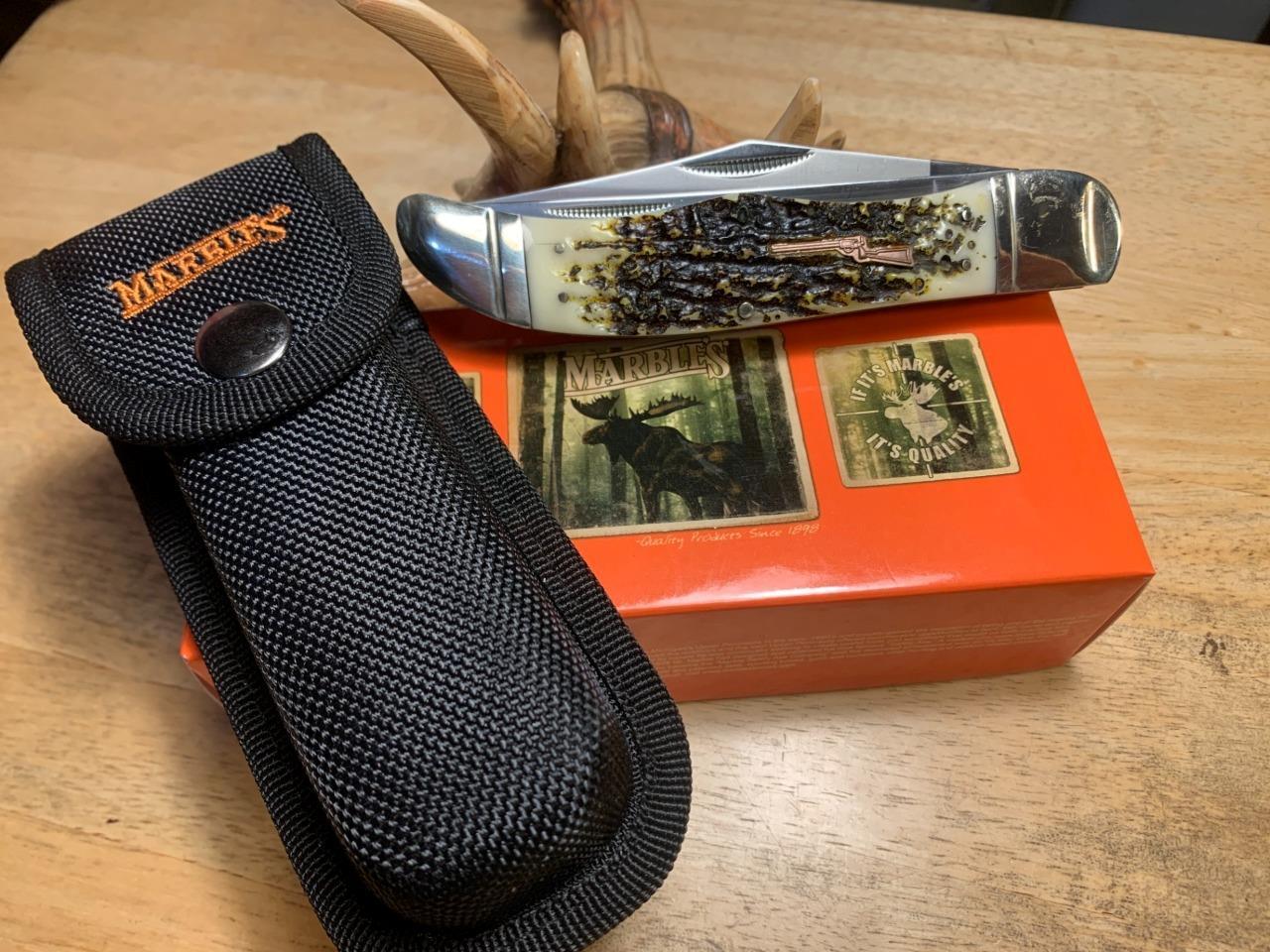 Marbles Imitation Stag Folding Hunter 5 1/4″ Pocket Knife w/ Nylon Sheath MR117