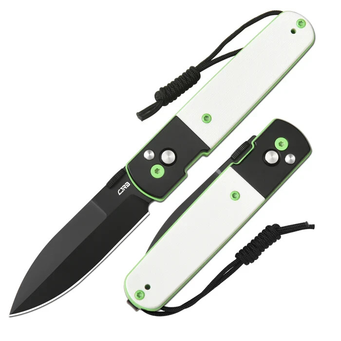 CJRB Locust Folding Knife 3.13″ Black PVD AR-RPM9 Steel Blade White G10 Handle