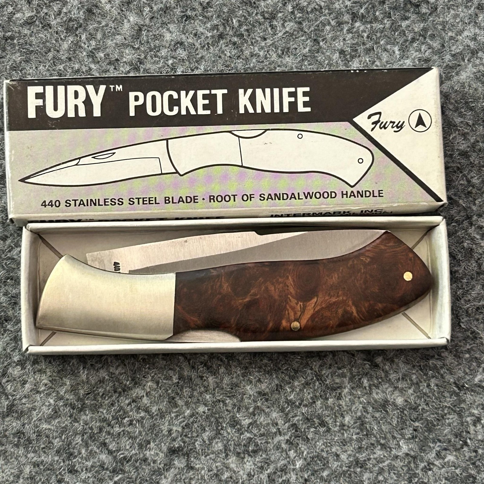 Vintage Fury Brown Pocket Knife 440 Stainless DN&E 1995 Waseca MN Japan Wood