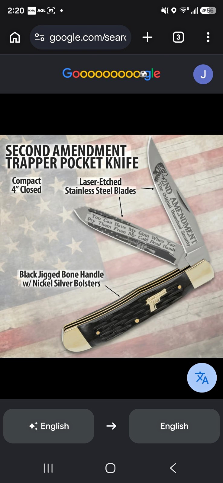 Second Amendment Trapper 2-Blade Slipjoint Pocketknife SS Plain Black Bone