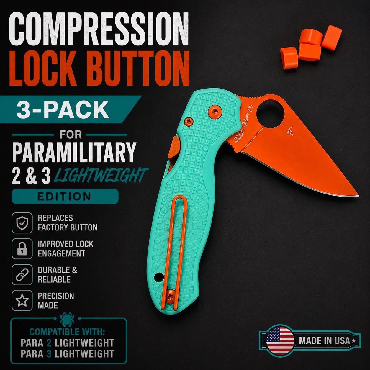 Compression lock buttons for Spyderco Paramilitary 2 or 3 LW Model (3pack Kit)