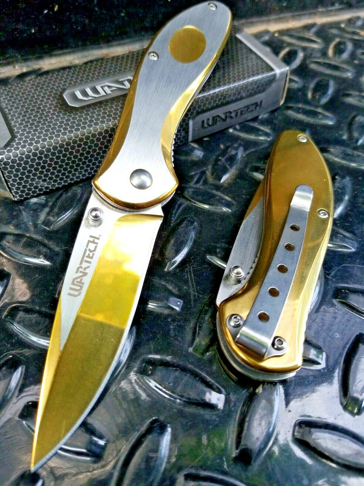 SPRING ASSIStED POCKET KNIFE GOLD EDC DROP POINT BLADE SILVER BELT CLIP 😍👀👀