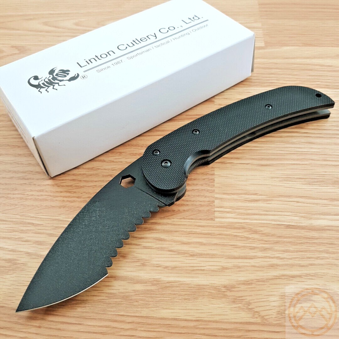 Linton Cutlery Linerlock Folding Knife 4.33″ 440A Steel Blade Black G10 Handle
