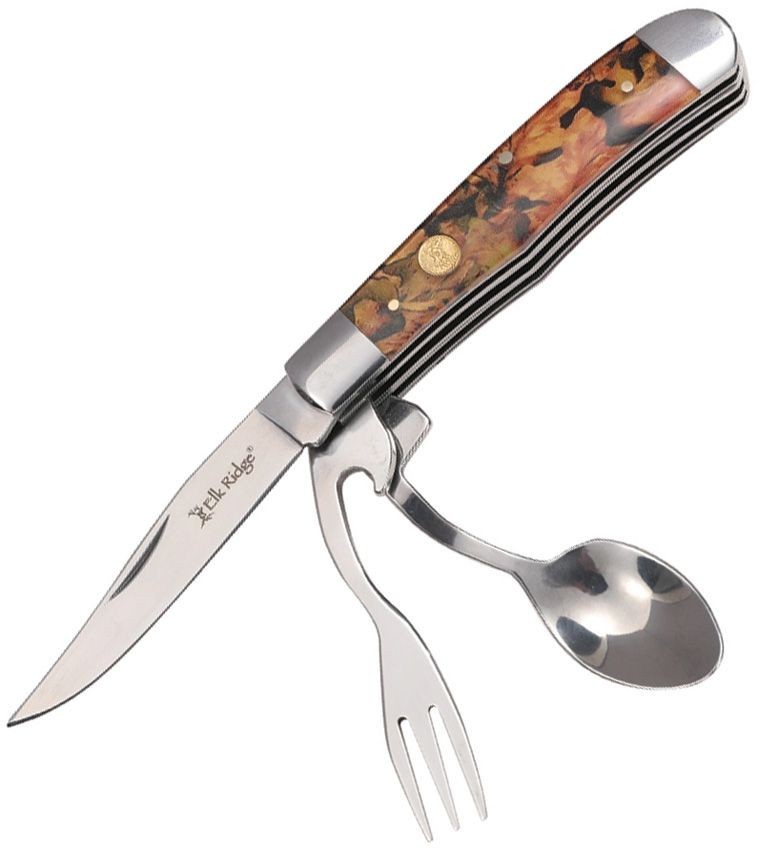 Elk Ridge Camo HOBO Folding Knife Fork Spoon Bottle Opener Utensil Camping Tool