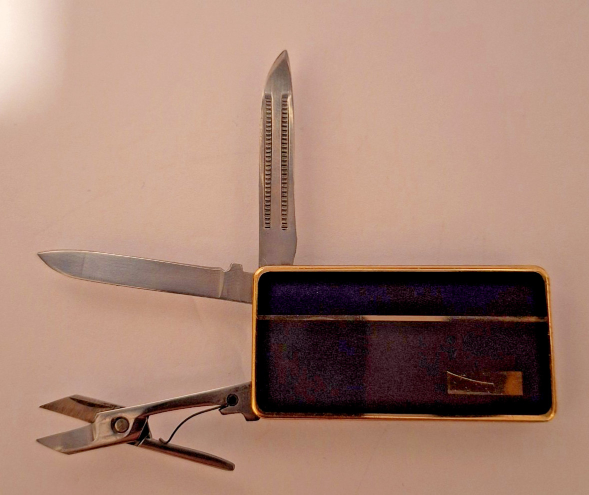 VINTAGE MONEY CLIP -W/TOOLS-SCISSORS-KNIFE-NAIL FILE-JAPAN STAINLESS-BLACK/BROWN