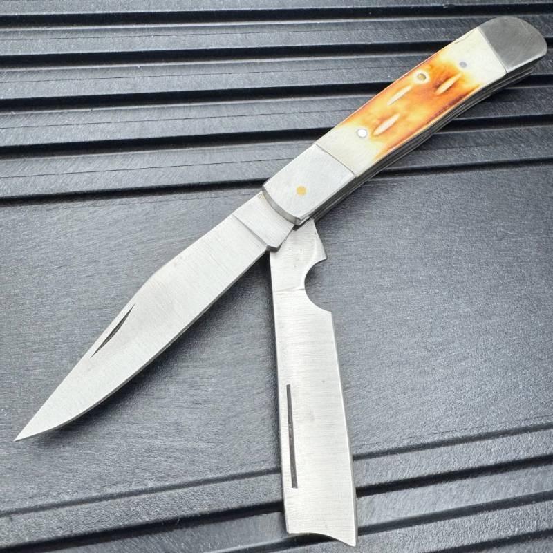 2 Blade Razor Trapper 4.25” Bone Handle Vintage Style Folding Pocket Knife