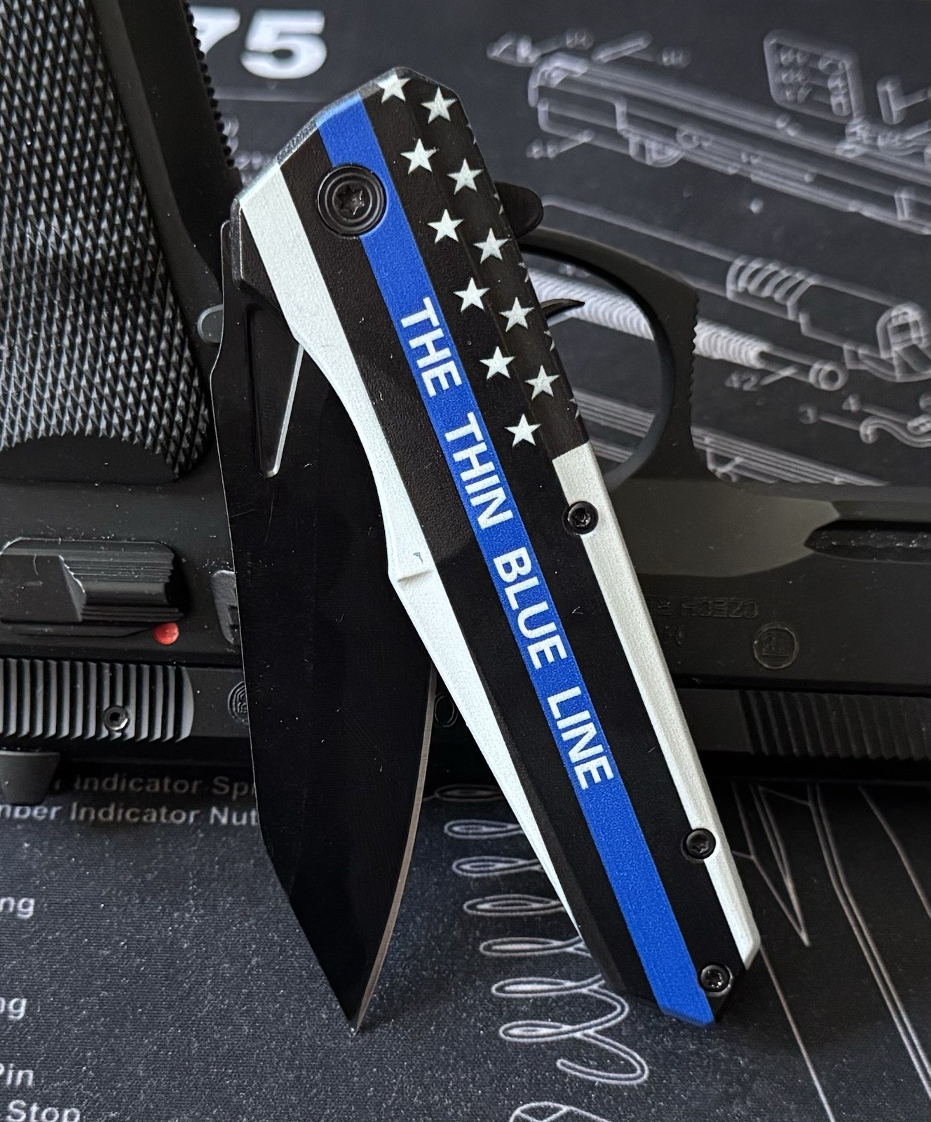 Thin Blue Line American Flag Spring Assist Drop Point EDC Folding Pocket Knife