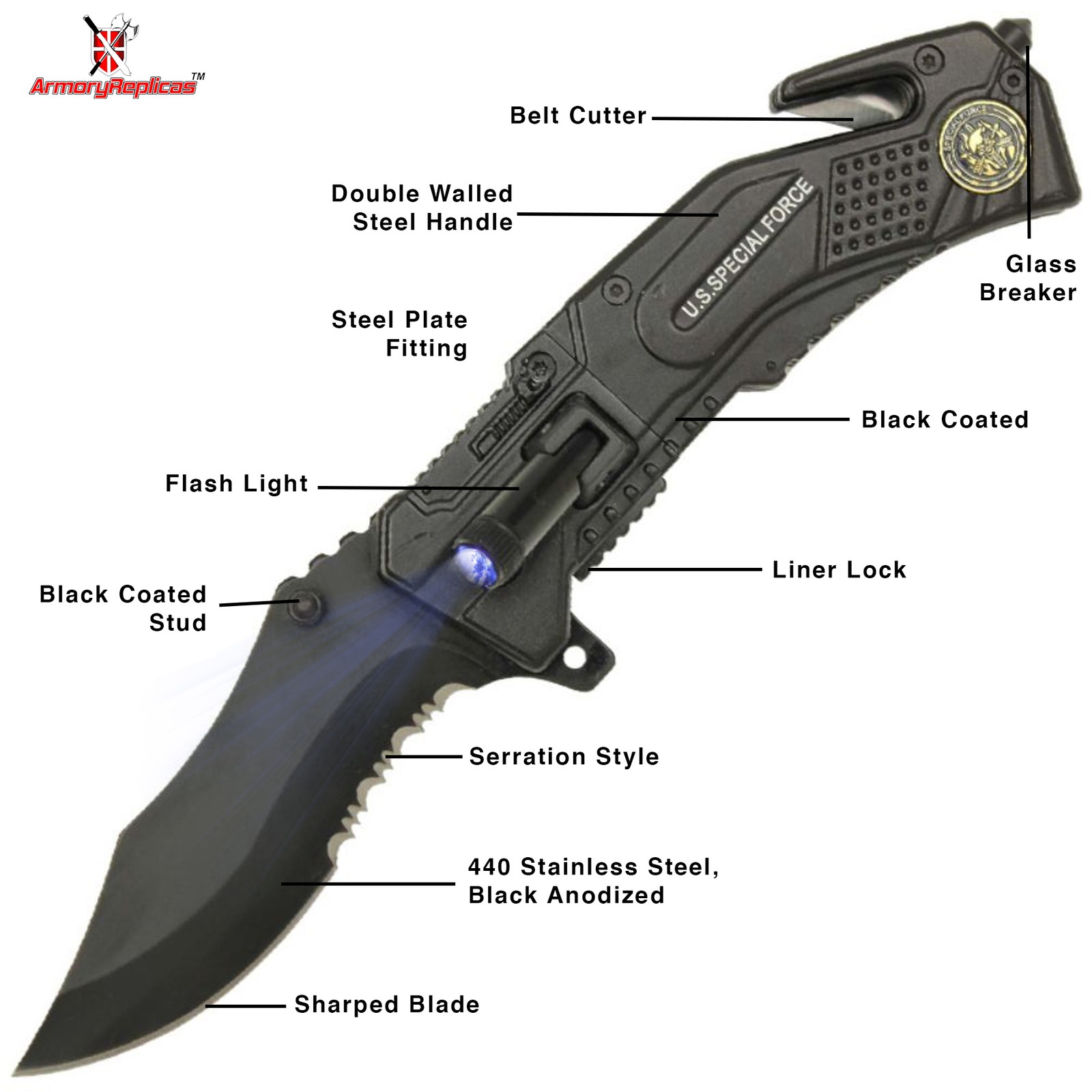 Special Force Tactical Emergency Assist LED Glass Breaker Belt Cutter Knife