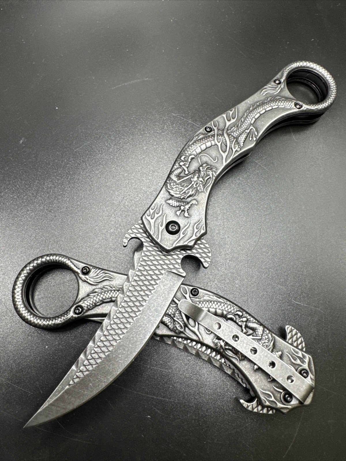 9” Flying Dragon Spring Assisted Open Folding Pocket Knife Stone Washed Finish