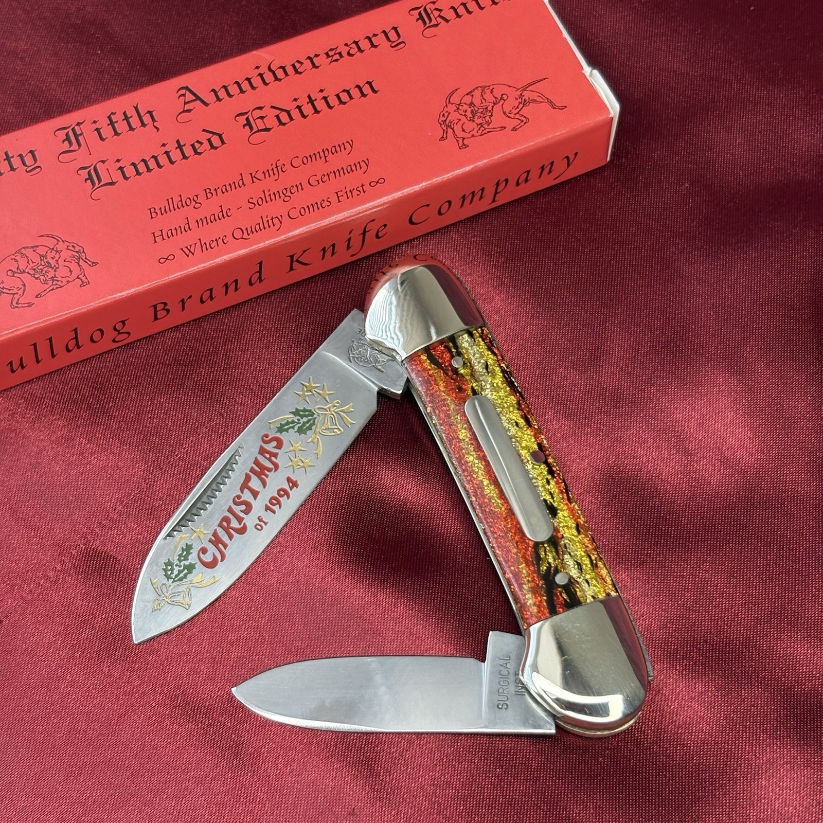 BULLDOG BRAND CANOE 2-BLADE POCKET KNIFE🇩🇪1994 CHRISTMAS CELLULOID-NMOB