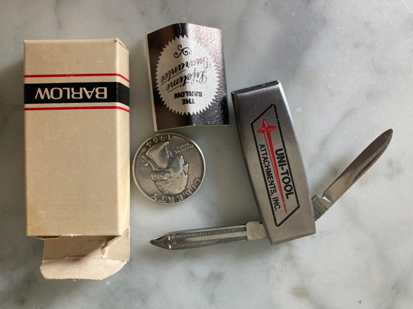 NOS VINTAGE ETCHED UNI-TOOL ADVERTISING USA POCKET KNIFE MONEY CLIP JAPAN BOXED