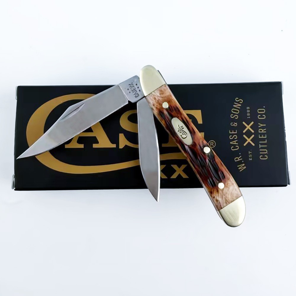 New Case xx Jigged Amber Bone Peanut Russlock 00045 Stainless Pocket Knife