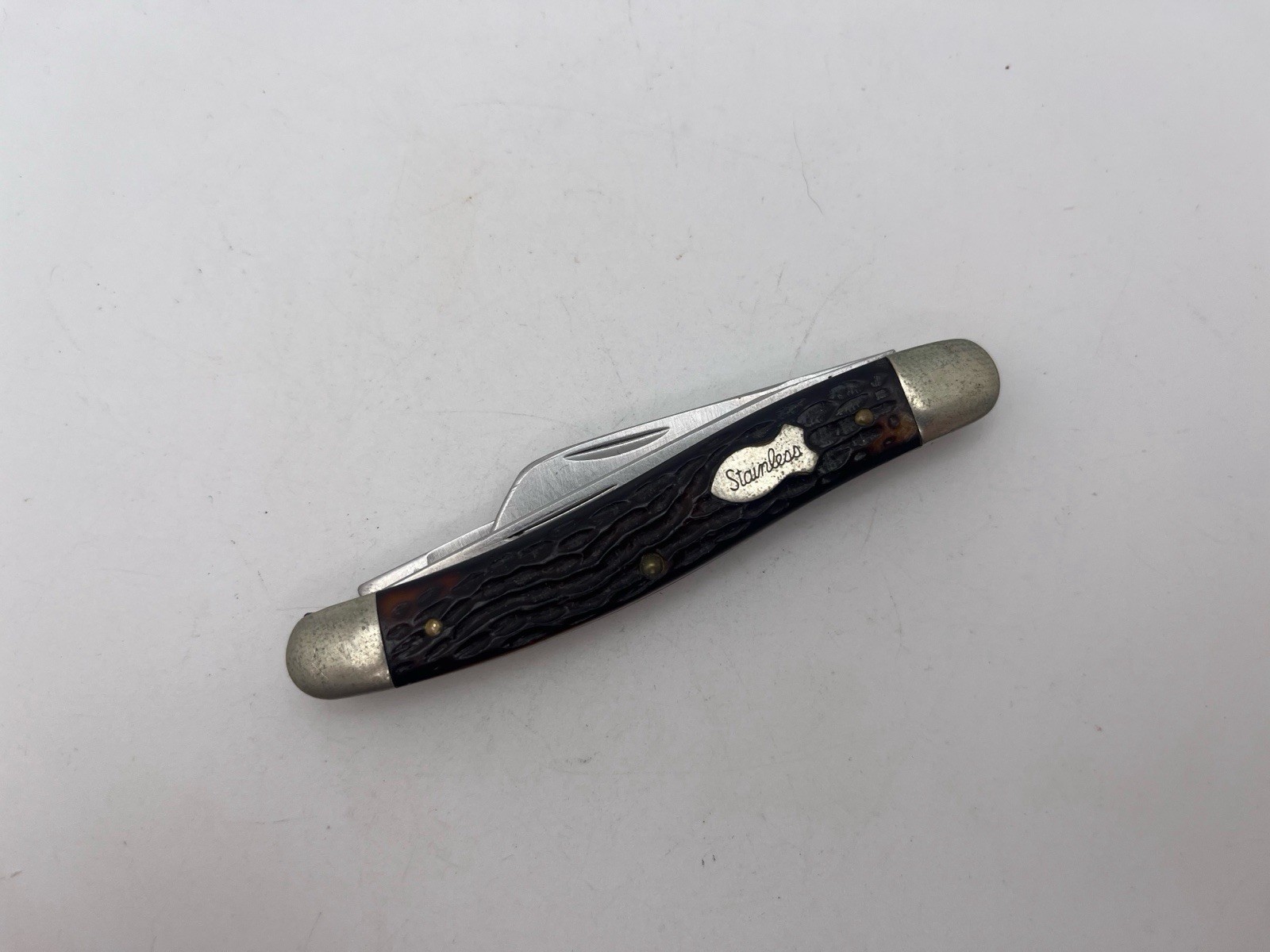 VINTAGE SCHRADE USA SS825 RAZOR BLADE STAINLESS JIGGED DELRIN STOCKMAN KNIFE