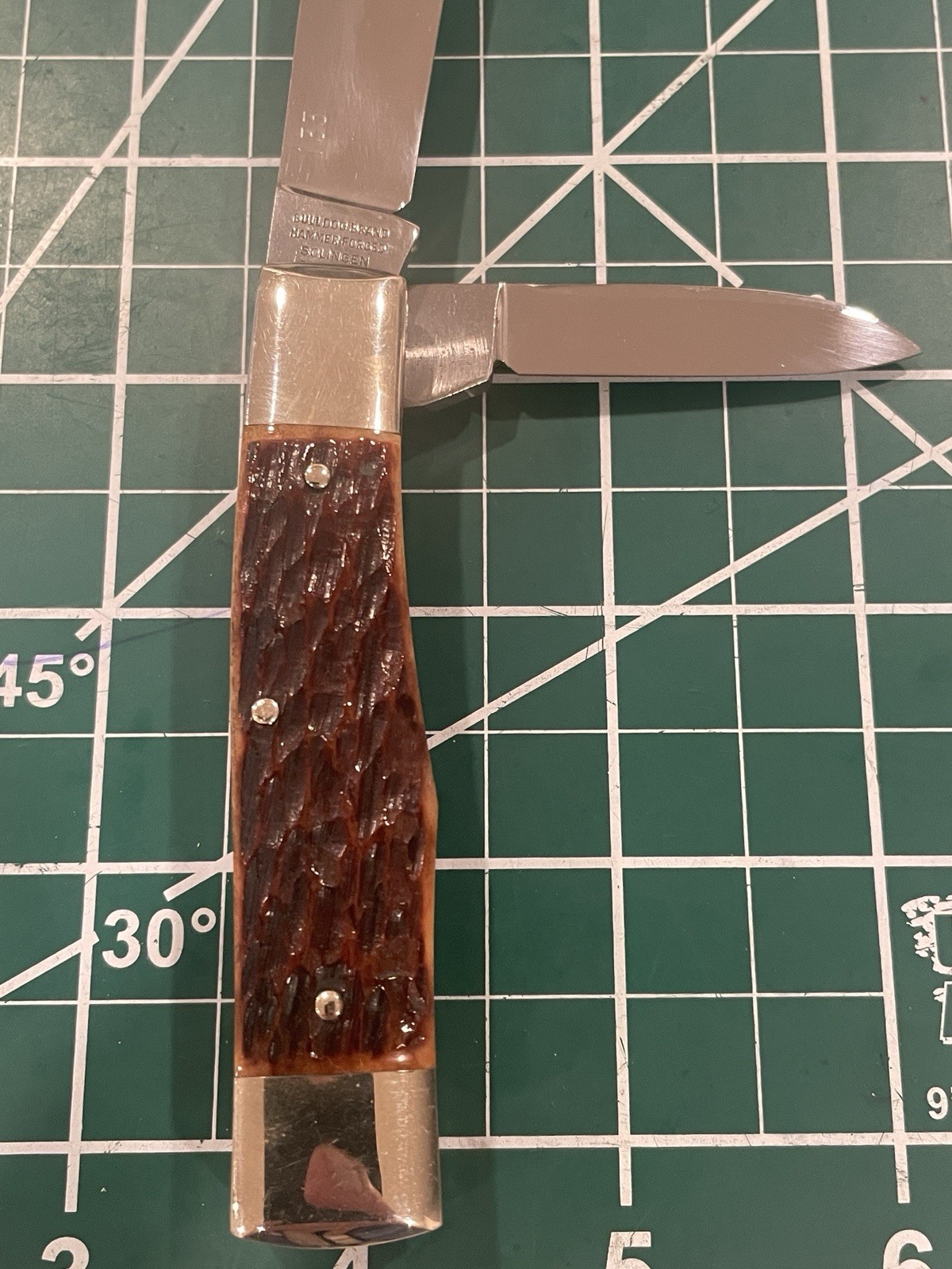 1st Gen Bulldog Brand Gunstock Knife #133 Solingen Germany Brown Jigged Bone