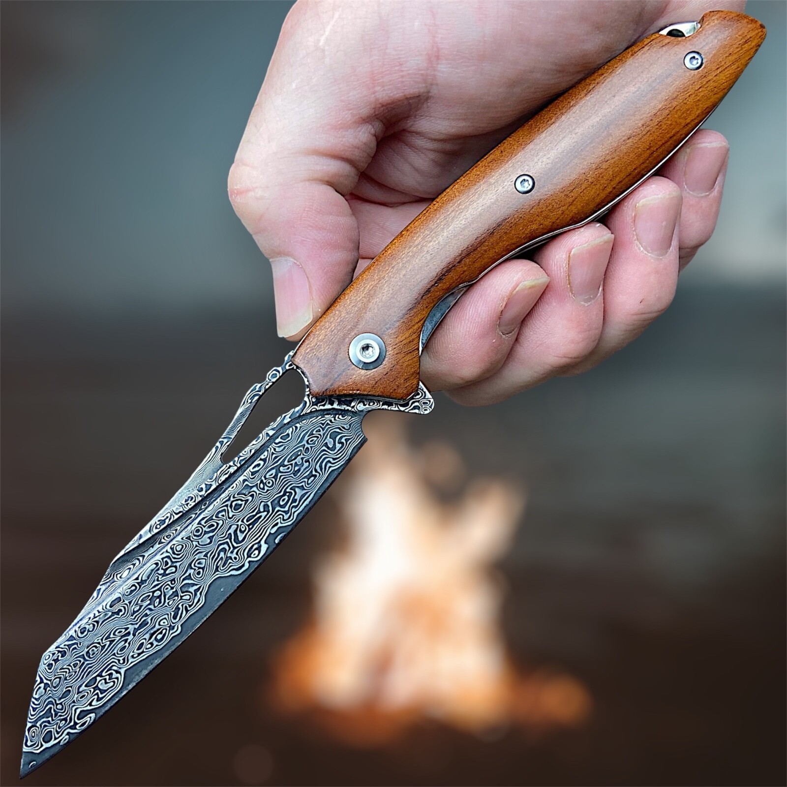 Damascus Steel EDC Pocket Knife! Ironwood Handle! Ball Bearing Pivot System!