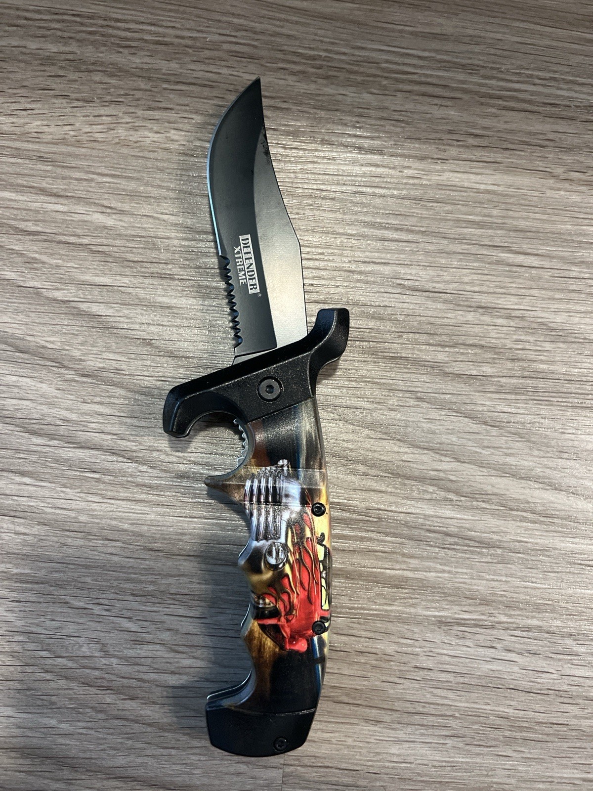 Defender Xtreme Tactical Skull Folding Pocket Knife Serrated Blade